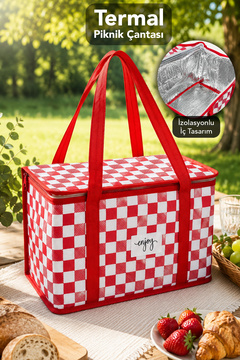 Meleni Home Lüks Termal Piknik Çantası - Kamp Yemek Taşıma Çantası Ekose Desen 35x20x20 cm