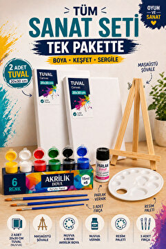 O&S Oyun ve Sanat Eğlen-Üret Resim Boya Seti - Mini Masa Şövalesi, 2 Tuval, Resim Verniği, Akrilik Boya Palet, (MASAÜSTÜ ŞÖVALYE)