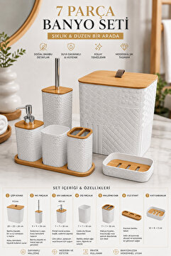 MAKRİ HOME 7 Parça Desenli Kare Bambu Kapaklı Beyaz Banyo Seti, Hacim: 8 litre