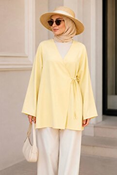 İmajButik Sarı Kruvaze Yaka Yandan Bağlamalı Yazlık Kimono Tunik