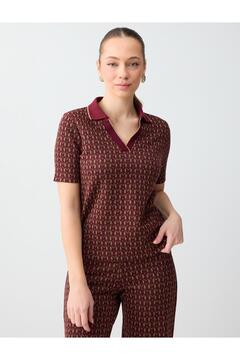 Jimmy Key Bordo Geometrik Desenli Polo Yaka Kısa Kollu Örme Bluz