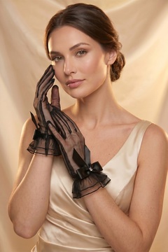 Elegance Scarf Fiyonklu Gelin Eldiveni Siyah Abiye Davet Gece Parti Söz Kına Nişan Mezuniyet