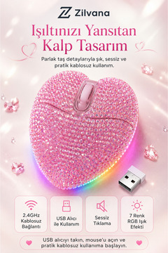 Zilvana Sevimli Parıltılı Kristal Taşlı Pembe Kalp Şeklinde Bilgisayar Faresi, LED Işıklı,2.4GHz ,Şarj Edilebilir USB Kablosuz Fare