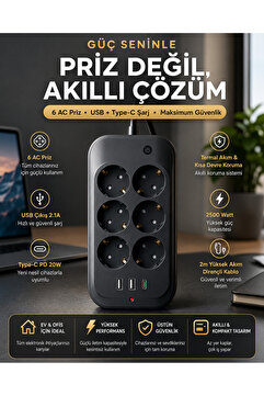 The Wlue Çoklu 6'lı Priz Akım Korumalı | 2500 Watt | 2 x USB-A | 1 x USB-C | 2 Metre | Anahtarlı | Çocuk Korumalı