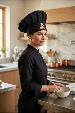 enmalife Mr. Chef Logo Baskılı Siyah Şef Aşçı Şapkası, Mantar Kep