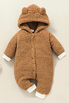 Bubito Kışlık Tatlı Kapşonlu Bebek Peluş Welsoft Tulum Kahverengi