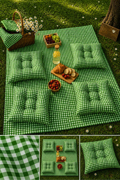 Belomia Home Collection Çanta Hediyeli Pötikare Desen Piknik Seti| Pötikareli 4 Minder + Masa Õrtüsü