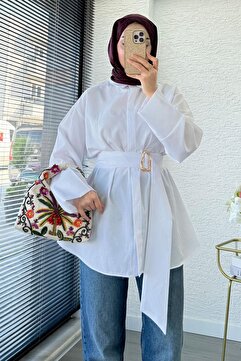 MELEK ARAZ Bronş Detaylı Geniş Kemerli Poplin Tunik – Beyaz