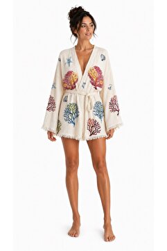 Mulberry Sedna Kadın Ekru Müslin Kimono Bornoz – Kuşaklı, Püskül Detaylı, Oversize Rahat Kesim Plaj & Ev Giyi