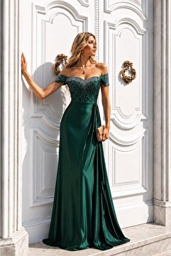 Modafeminen Zümrüt Saten Kumaş Düşük Omuz Maxi Boy Elbise 583397