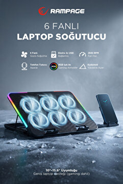 Rampage SIXPOWER R9 6 Fan RGB Işıklı Telefon Uyumlu Tutuculu Usb Çoklayıcı Notebook Soğutucu Stand
