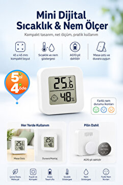 Telvesse Mini Sıcaklık Nem Ölçer LCD Ekranlı Oda Termometre Duvara Takılabilen Masaüstü Isı Göstergesi