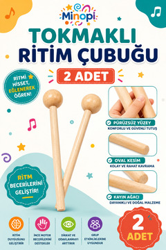 Minopi 20 cm 1 Çift Tokmaklı Ahşap Ritim Çubuğu Eğitici Anaokulu Ritim Tokmağı Toplam 2 Adet