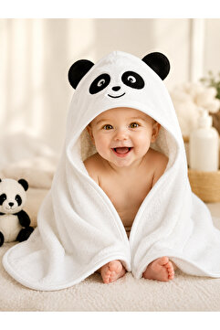 Tomuycuk %100 Pamuklu & Başlıklı Bebek Banyo Havlusu - Panda Nakışlı & Havlu- Yumuşak & Su Emici
