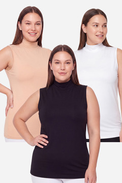 Arma Yıldız Kadın Büyük Beden Balıkçı Yaka Kolsuz Body Renkli 3'lü Paket