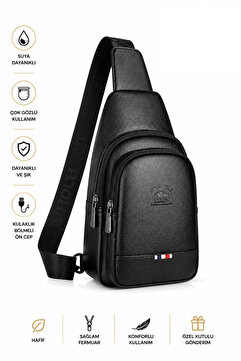 NEWISH POLO ACCESSORIES Vegan Deri Siyah Su Geçirmez Kulaklık Usb Çıkışlı Bel Ve Çapraz Omuz Çanta Göğüs Seyahat