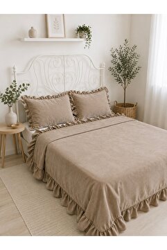 Decamor home İnci Fırfırlı Sütlü Kahve Yatak Örtüsü Çift Kişilik