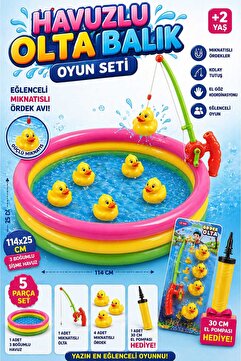 Fidan oyuncak Havuzlu Mıknatıslı Olta Balık Ördek Avı Oyun Seti - 114cm Şişme Havuz + Pompa + 4 Ördek + Olta