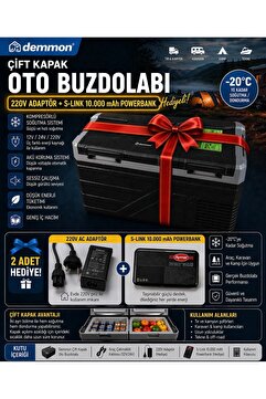 DEMMON 50 Litre Çift Kapak Oto Buzdolabı 12V 24V 220V AC ADAPTÖR+10.000 mah S-LİNK POWERBANK HEDİYELİ Araç,Karavan,Tır Soğutucu,Dondurucu