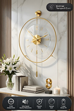 MetaQuartz Aksesuar Gold Luxry - Kırılmaz Tamper Cam - Metal Çember , Modern Dekoratif Metal Duvar Saati