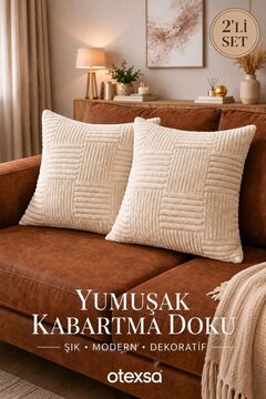 OTEXSA Kabartma Desenli Yumuşak Dokulu Dekoratif Kırlent Kılıfı 2'li Set Krem Renk Modern Yastık Kılıfı