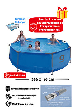 Kalitomi 366x76 cm Metal Gövde Bahçe Havuzu – Paslanmaz Çelik Konstrüksiyon Aile Havuzu + Örtü ve Zemin Brandası Hediyeli Tamir Kiti Dahil