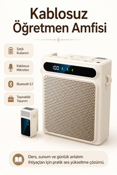Zilvana Krem Kablosuz Yaka Mikrofonlu Taşınabilir Öğretmen Rehber Amfisi Bluetooth 5.1 Şarjlı 2000mAh 5W Ses Yükseltici USB MP3 Destekli Askılı Bel Tipi Hoparlör