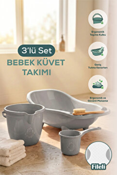 Vienev 3'lü Set Fileli Yenidoğan Küvet Seti Gri