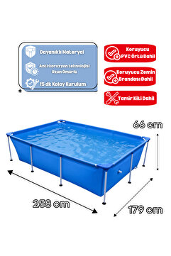 Kalitomi 258x179x66 cm Metal Gövde Bahçe Havuzu – Paslanmaz Çelik Konstrüksiyon Aile Havuzu + Örtü ve Zemin Brandası Hediyeli Tamir Kiti Dahil