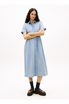 Tommy Jeans Mavi Kadın Gömlek Elbise TJW MAXI LINEN BLEND SHIRT DRESS