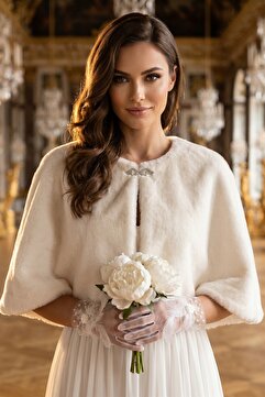 Elegance Scarf Broşlu Premium Kürk Etol Gelin Bolero Kürk Bolero Gelin Şalı Gelin Kürkü Omuz Şalı Kırık Beyaz
