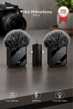 Torima Yaka Mikrofonu Type-C Lightning Aux 2 Adet 3IN1 Kablosuz Mikrofon F11-2 Siyah