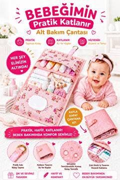 Özlem Toys Bebeğime Pratik Katlanır Alt Değişim Bakım Çantası (PEMBE RENK)