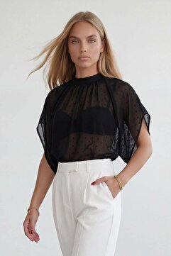 Trend Alaçatı Stili Kadın Siyah Dik Yaka Bağlamalı Drape Detaylı Şifon Bluz Alc-X15480
