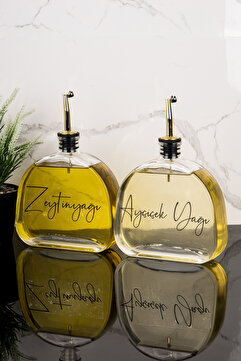 Dolkin Home 2'li Lüks 500 ml Yağdanlık Gold Kapak Cam Yağlık Zeytinyağı Ayçiçek Yağı Etiketli Sosluk Sirkelik
