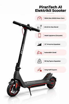 PiranTech A1 Elektrikli Scooter 350W – 500W Kırmızı | Mobil Uygulama | Katlanabilir