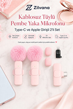 Zilvana Kablosuz Tüylü Pembe Yaka Mikrofonu Type-C ve Apple Girişli 2’li Set Bluetooth 5.0