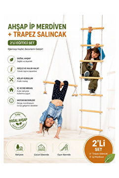 ÇAYLAR AVM Montessori Ahşap İp Merdiven 6 Basamak + Trapez Salıncak 2'li Set | Çocuk Tırmanma Oyuncağı | Duyu B