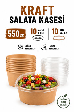 Delvos Kraft Bowl Salata Diyet Kasesi Kapaklı 10 Adet Orta Boy 550 cc Yuvarlak Karton Şeffaf Kapaklı 20 oz Sıcak ve Soğuk Yemekler