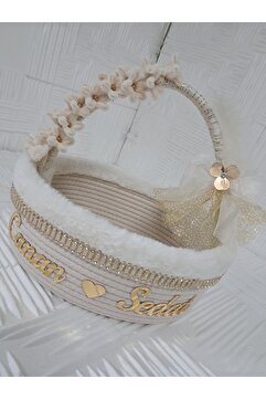 RH GALAXİ TEKSTİL Hasır Lüks Oval Gelin Bohçası ve Makyaj Sepeti - 27 cm Şönil Çiçekli & Peluş Detaylı