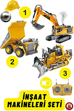 giffy Kumandalı İnşaat Makineleri 3lü Set Kamyon,Ekskavatör ve Bulldozer Şarjlı Işıklı Metal Kasa Yetişkin