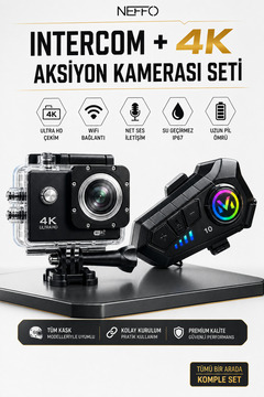 NEFFO Motorcu Seti 4K Aksiyon Kamera + Intercom V10 – Motorcu interkom Sürüş İletişim Ve Çekim Seti