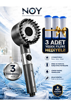 NOY Filtreli Duş Başlığı Yedek Filtre Hediyeli (3 Adet) Klor Ve Kireç Önleyici, Yüksek Basınçlı