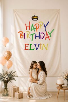 Puppetzzz Kişiye Özel Doğum Günü Duvar Örtüsü Flama – Pastel Renk Happy Birthday Baskılı Büyük Boy Kumaş Arka