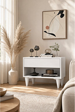 Nettrends Nightstand Çekmeceli Bölmeli Komodin Ayaklı Beyaz