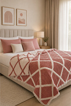 VERONİCA LİNE Premium Geometrik Kare Desenli %100 Pamuk Müslin Çift Taraflı Yatak Örtüsü Pike 220x240 Çift Kişilik