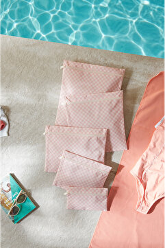 Ocean Home Textile 5'li Su Geçirmez Pvc Astarlı Pembe Dama Desen Mayo Islak Kuru Kirli Temiz Çamaşır Çantası