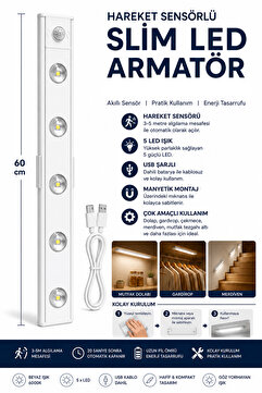 Neo Vista 60 Cm Beyaz 4w Slim Led Kabin Armatürü Hareket Sensörlü Dekoratif Gece Lambası Usb Şarjlı Aydınlatma
