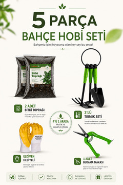 Badem10 (5'li Set) Metal Mini Kürek Çapa Tırmık Bahçe Seti Çim Peyzaj Bitki Çiçek Ekme Toprak Budama Makası
