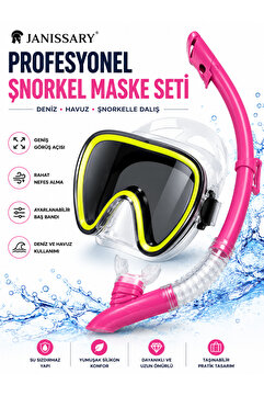 Janissary L1S Pembe Profesyonel Şnorkel Maske Seti – Temperli Cam Dalış Maskesi + Şnorkel Borusu +Deniz ve Havuz Kullanı